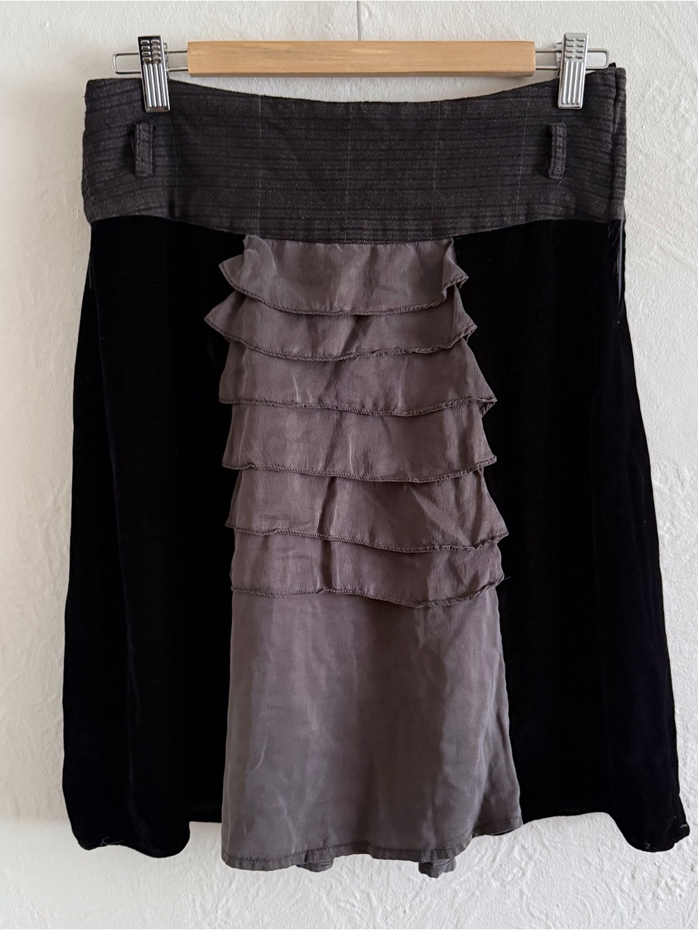 Black Velvet and Gray Silk Ruffle Front Skirt Size S